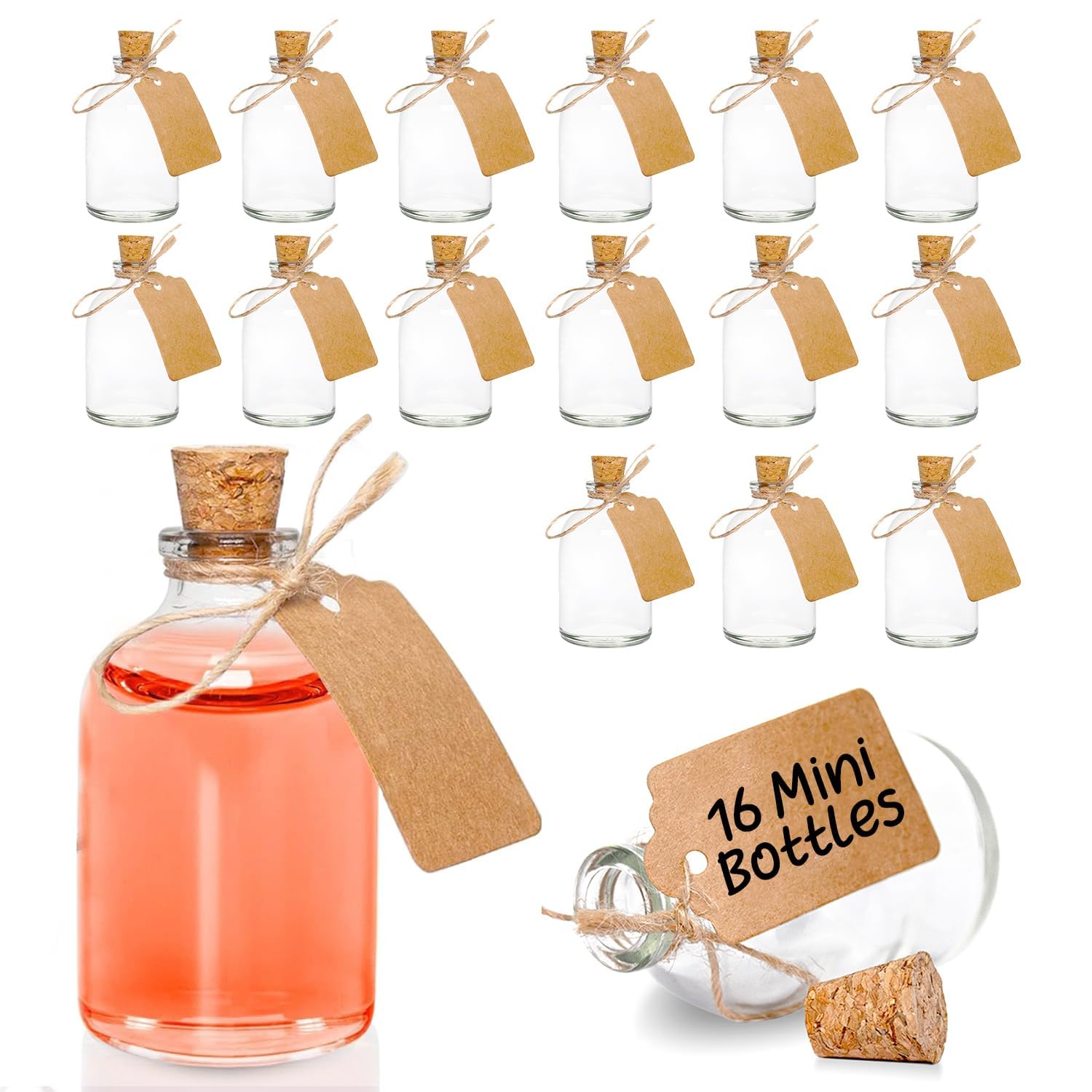 Volila Small Glass Bottles - 16 Pack 50ml With Cork Stopper, Rubber Funnel, Labels and String - 8 x 4cm Clear Potion Bottles for Storage, Wedding Favours and Crafts — image 1