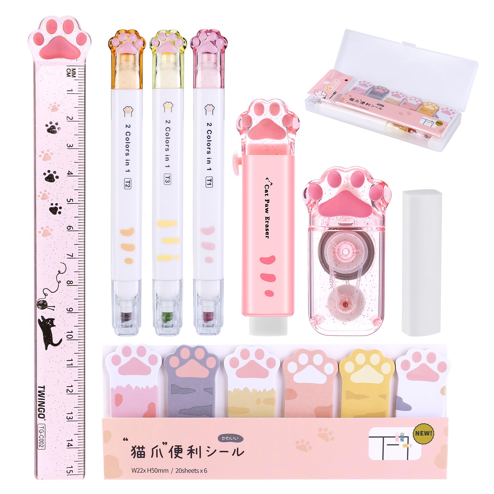Partideal 9pcs Cute Cat Paw Stationery Set, Kawaii Cartoon Pencil Cases Double-Ended Highlighter Correction Tape Cube Retractable Erasers Ruller Sticky Notes Eraser Replacement Core School Supplies