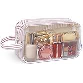 Narwey Clear Toiletry Bags for Traveling Women Men, Clear Travel Bags for Toiletries Makeup Bag Cosmetic Bag with Zipper, Make Up Organizer, Skincare Bag (Dusty Pink Stripe)
