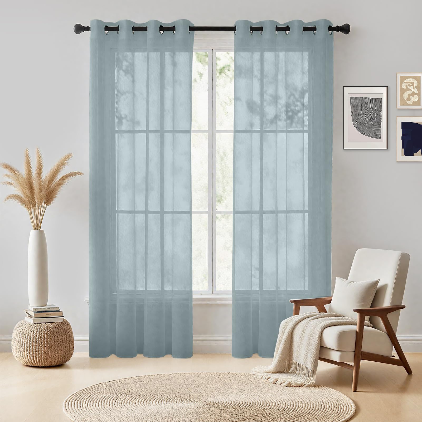 NAKIHOUSE Voile Curtain 63 Drop 2 Panels Net Curtains for Windows Eyelet Top Sheer Curtains for Kitchen Living Room Bedroom Window Treatment, Gray Voiles, 52" x 63" — image 1