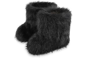 FUR STORY Women's Faux Fur Boots Furry Snow Boots Fuzzy Winter Shoes Fluffy Mid-Calf Flat Boots