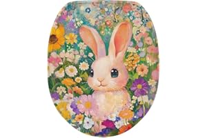 Luarisgur Rabbit Daisy Toilet Seat Cover Rabbit Elongated Toilet Lid Covers Easter Bathroom Decor Cute Round Oval Toilet Seat Lid Cover for Holiday Decorations