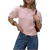 GORGLITTER Women's Puff Short Sleeve Sweater Fuzzy Crew Neck Cropped Knit Cozy Pullover Sweaters Fall Trendy 2025 Pink Medium