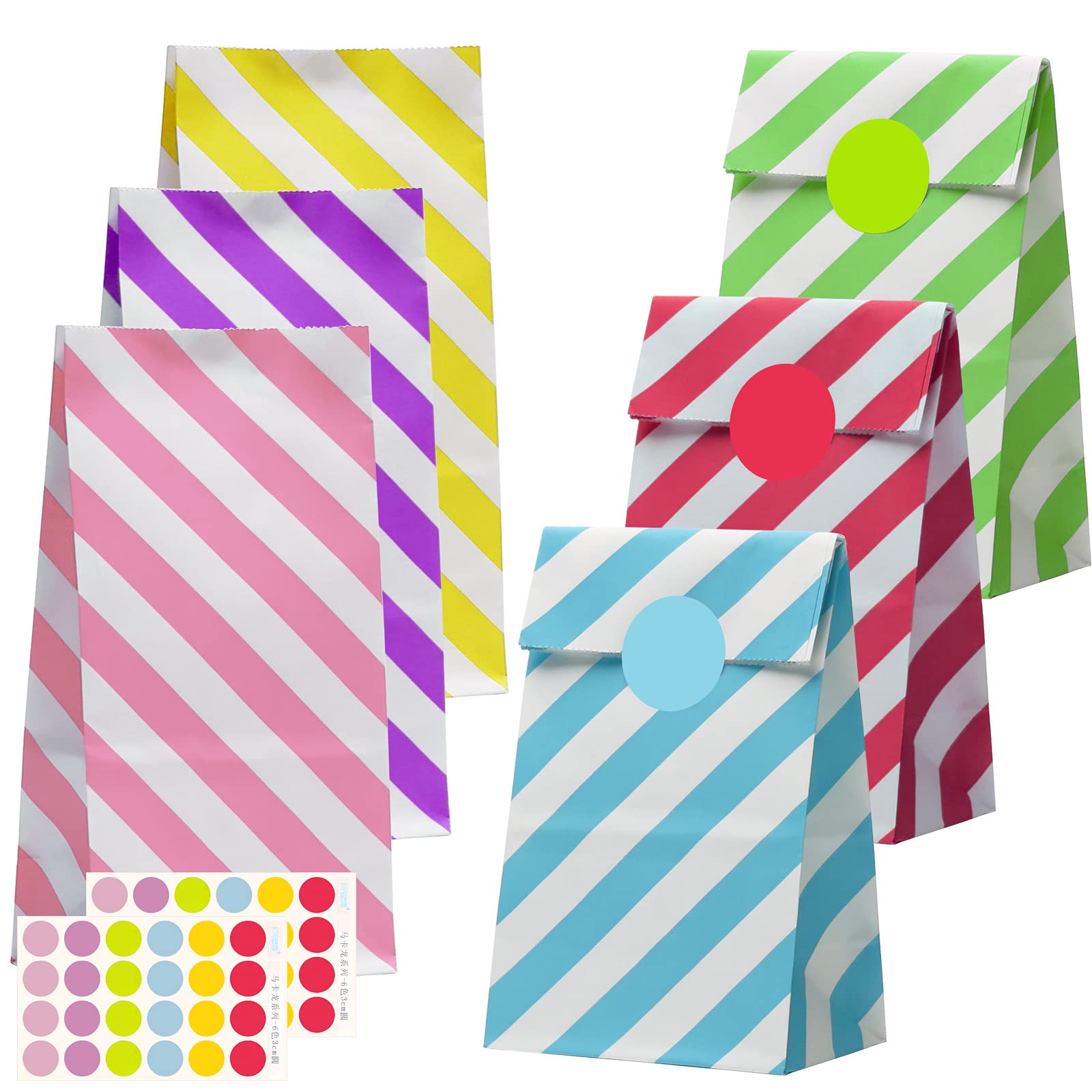 JOYSKY 36 Pcs Small Party Bags Paper Party Bag for Kids Party Gift Bags Flat Bottom Kraft Bag Candy Paper Bags with 48 Stickers 6 Colors Suitable for Christmas Halloween Birthday Wedding Party