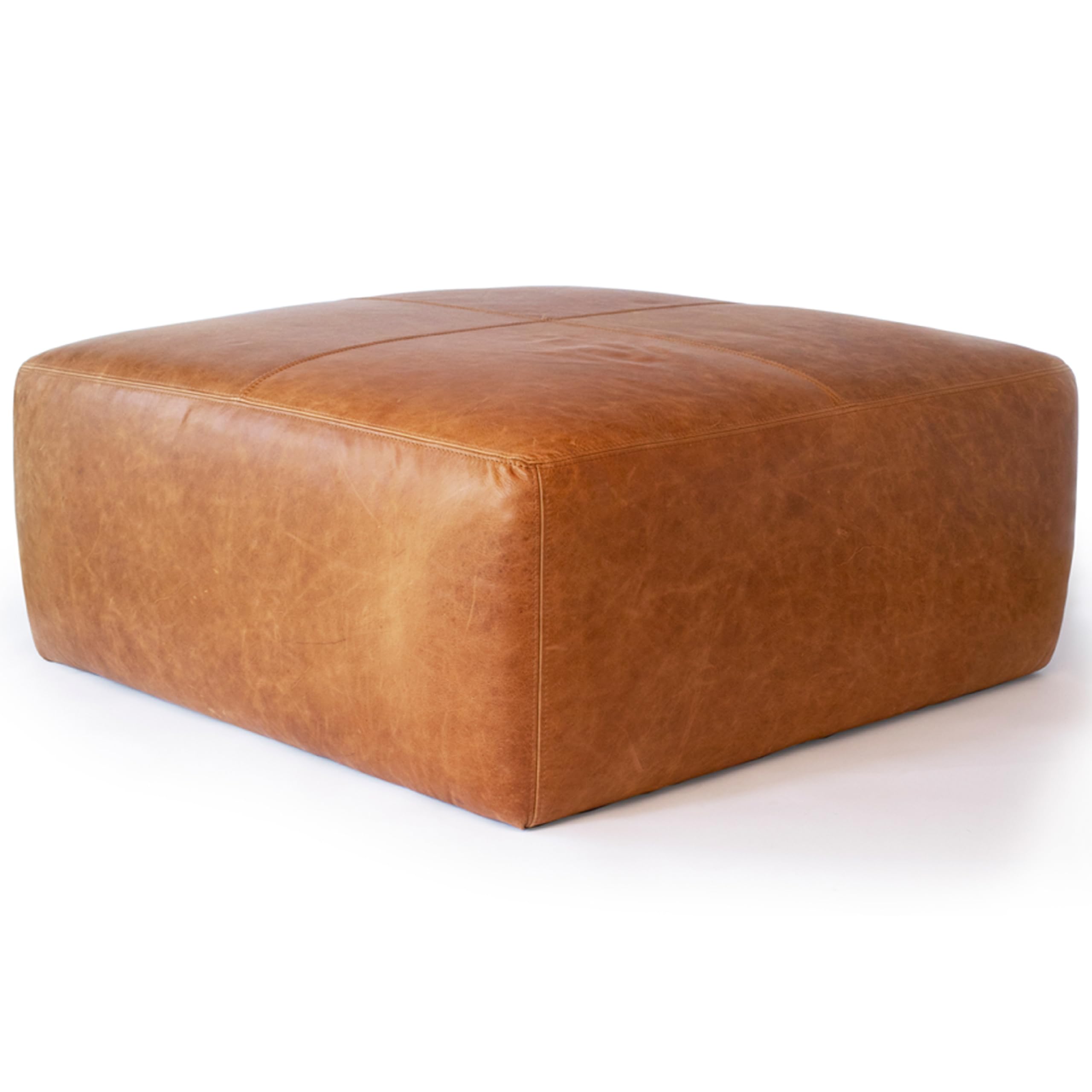 POLY & BARK Sequoia Ottoman – 35” Square Pouf with Feather-Down Topper – Full-Grain Leather Upholstered Pouf Ottoman for Living Room – Vintage Italian Leather in Cognac Tan Image