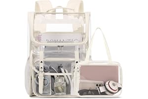 DIGOBAY Clear Backpack with Clear Bag Set, Leather Clear Backpack Heavy Duty Thick PVC Clear Bookbag Fashion See Through Transparent Backpack with Support Pad for College Travel Work Security Beige