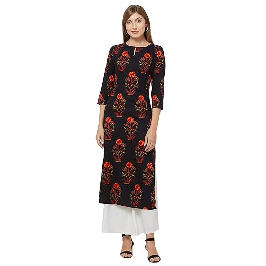 Womens Black Color Crepe Floral Print Straight Calf Length Kurti(Krishna Black_Free Size)