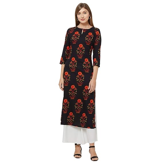 Women's Black Color Crepe Floral Print Straight Calf Length Kurti(Krishna Black_Free Size)