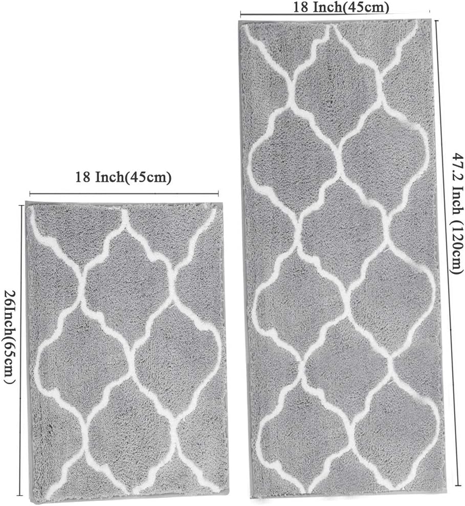 HEBE Microfiber Bath Rug Set 2 Piece Non Slip Absorbent Bath Mats Runner Set for Bathroom Shaggy Bathroom Rug Runner Machine Washable (26"x18"+48"x18", Grey): Kitchen & Dining