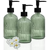 Green Glass Soap Dispenser Set with Black Pump, 13.5oz Liquid Hand Soap Dispenser, Lotion Dish Soap Dispenser for Modern Home Decor, Bathroom, Kitchen Countertop, Hotel(3 Pack)