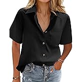 HOTOUCH Cotton Linen Button Down Shirt for Women V Neck Collared Blouse Casual Short Sleeve Tops with Pocket