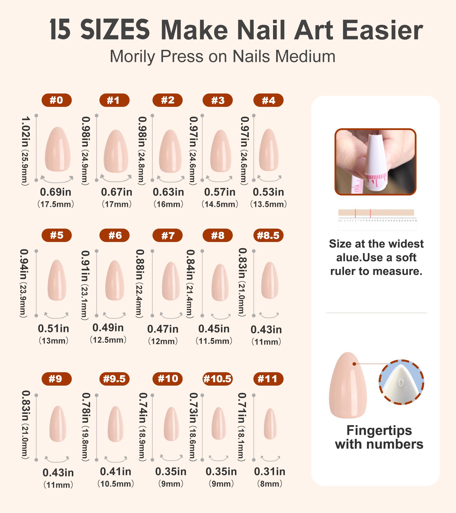Morily Press on Nails Medium - Nude Almond Fake Nails Solid Color Pink Glossy False Fingernails in 15 Sizes, Long Stick on Nails for Women - 30Pcs - Image 6