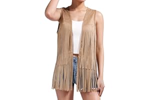 LEACOOLKEY Women's Faux Suede Fringe Vest Cowgirl Western Tassel Jacket 60s 70s Hippie Outfits Country Concert Outfit