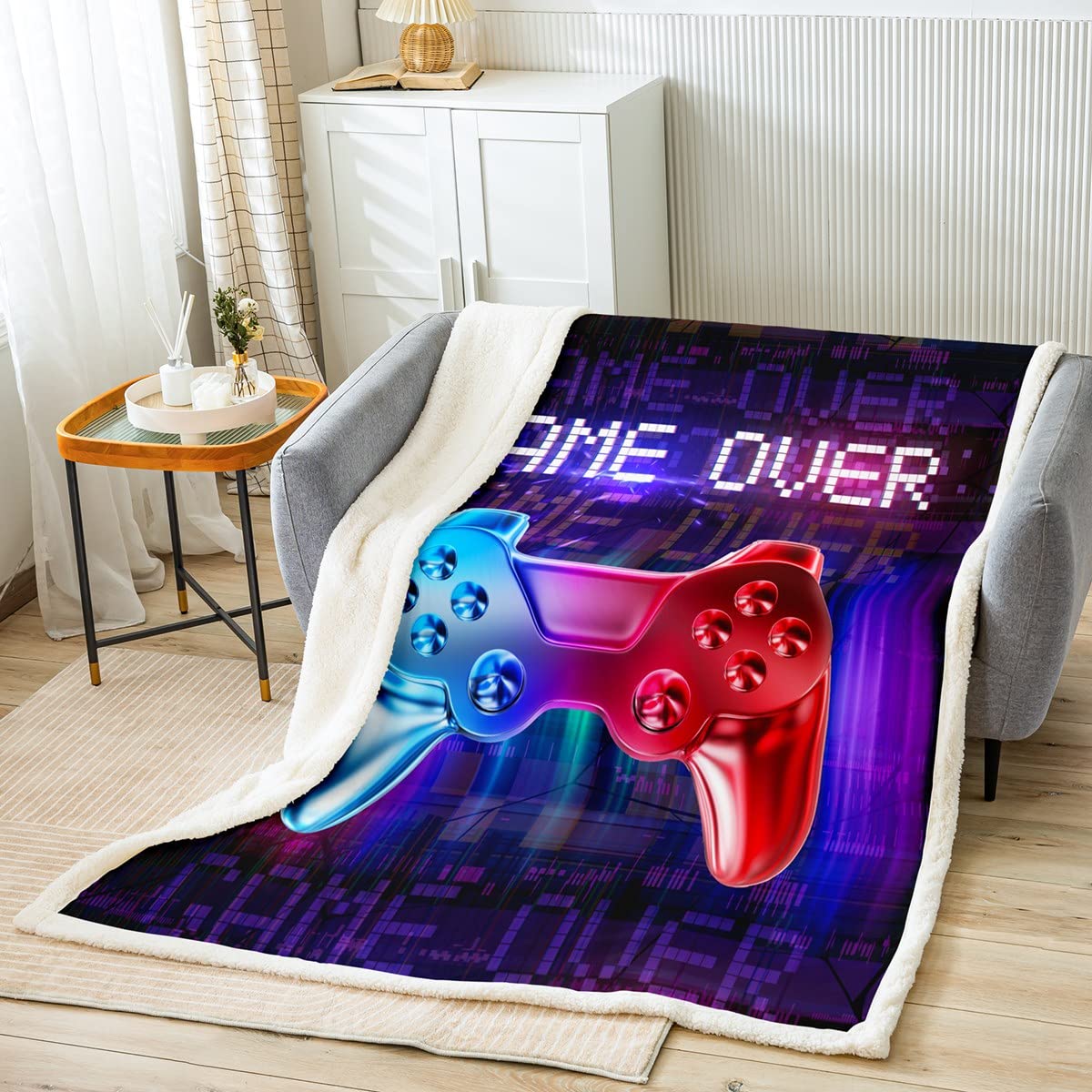 Loussiesd Gamer Fleece Throw Blanket for Teens Boys Gaming - Video Game Sherpa Plush Blanket - Soft, Lightweight, Fuzzy - Red, Blue Gradient, Black, Teal - Single - 50"x60"