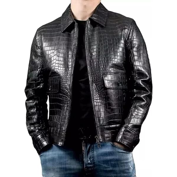 Generic Mens Real Leather Crocodile Embossed Jacket Biker Black