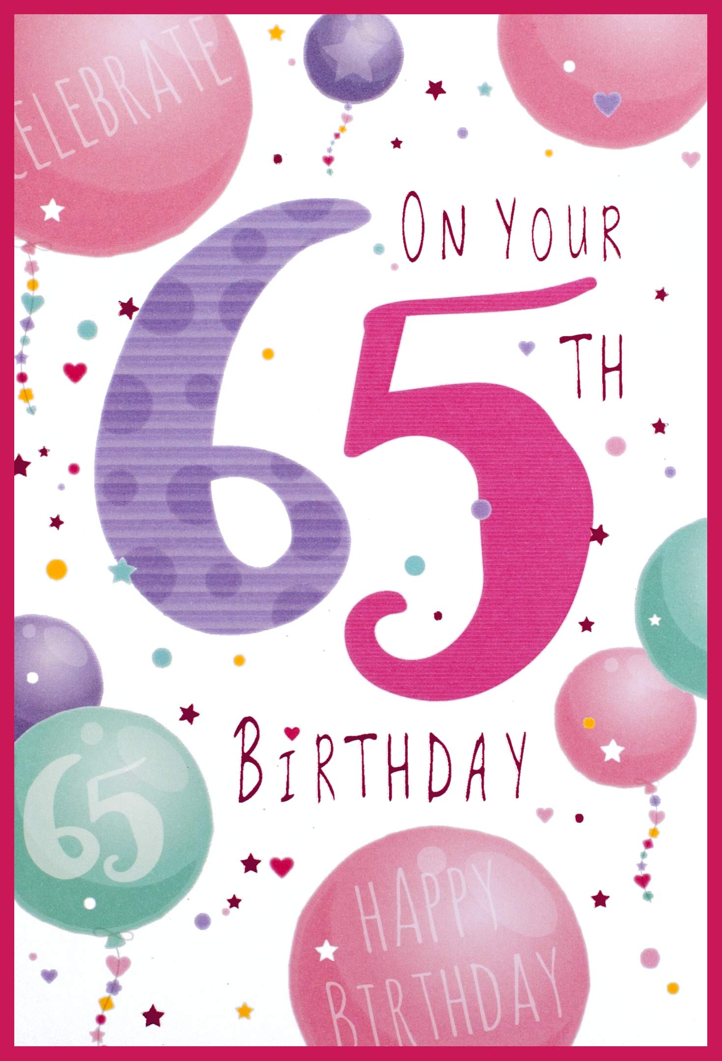 Age 65 Female 65th Birthday Card - Pink & Lilac Numbers Balloons 7.75" x 5.25