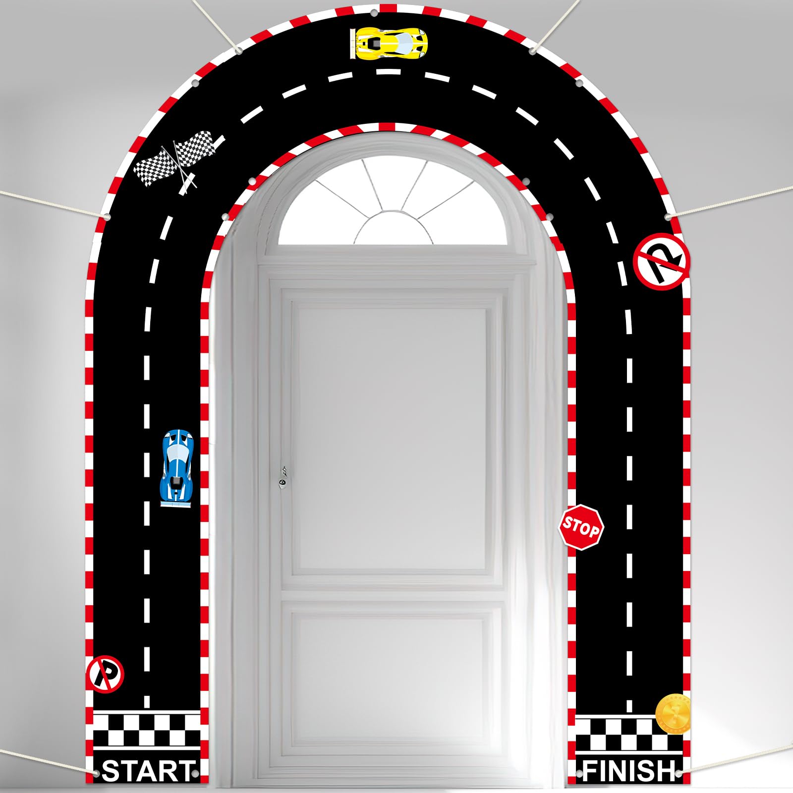 Photo 1 of 3Pcs Race Car Birthday Decorations Fabric Race Track Arched Banner Porch Hanging Racing Car Arch Backdrop Checkered Runway Door Cover for Let's Go Racing Boys Fan Birthday Party Sport Event Supplies