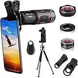 Cell Phone Camera Lenses Kit, 4 in 1 18X Telescopic Zoom Lens/4K HD Super Wide Angle/Macro/Fisheye Lens/Tripod/Camera Shutter