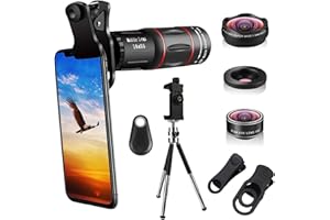 MOCALACA Cell Phone Camera Lenses Kit, 4 in 1 18X Telescopic Zoom Lens/4K HD Super Wide Angle/Macro/Fisheye Lens/Tripod/Camera Shutter Compatible with iPhone 12 11 Xs Max 8 7 6 Plus, Samsung Moto and More