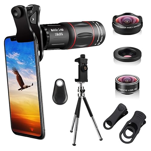 Cell Phone Camera Lenses Kit, in 18X Telescopic Zoom Lens/4K HD Super  Wide Angle/Macro/Fisheye Lens/Tripod/Camera Shutter Compatible with iPhone 