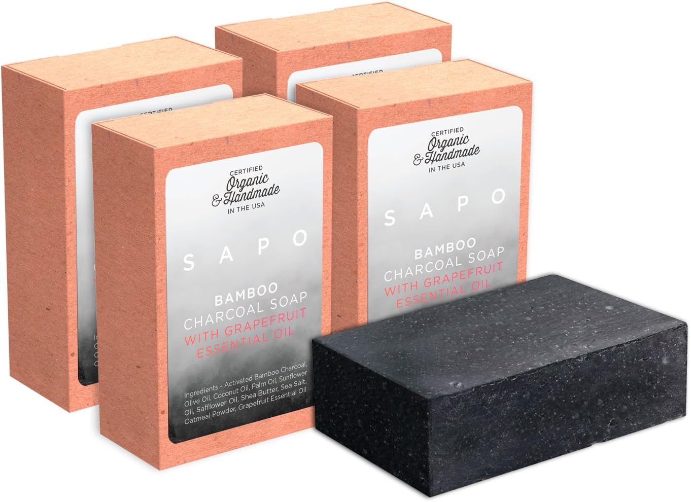 SAPO Organic Bamboo Charcoal Soap Bar [4 Packs] - 100% Natural US Handmade - Face and Body Cleanser For Acne, Psoriasis, Eczema, Sensitive Skin - Coconut Oil, Oatmeal, Shea Butter - 4 Oz Each Bar