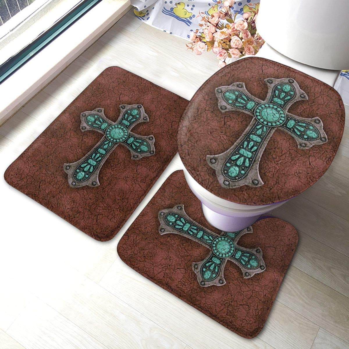 Marrón y turquesa Rústico Cruz Estilo occidental Alfombra de baño