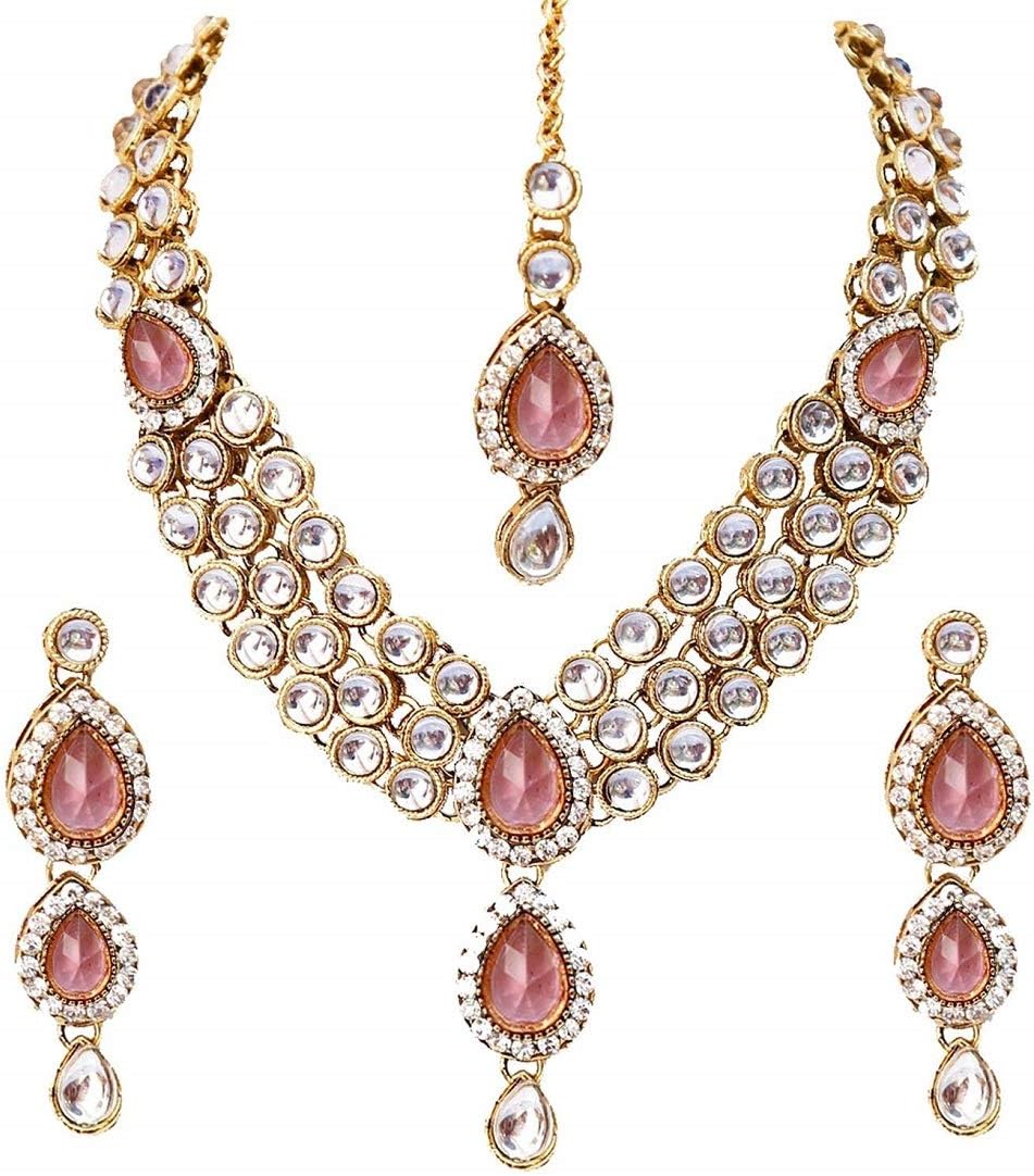 Apara Pink Kundan Traditional Fashion Necklace Earring Jewellery Set for Women