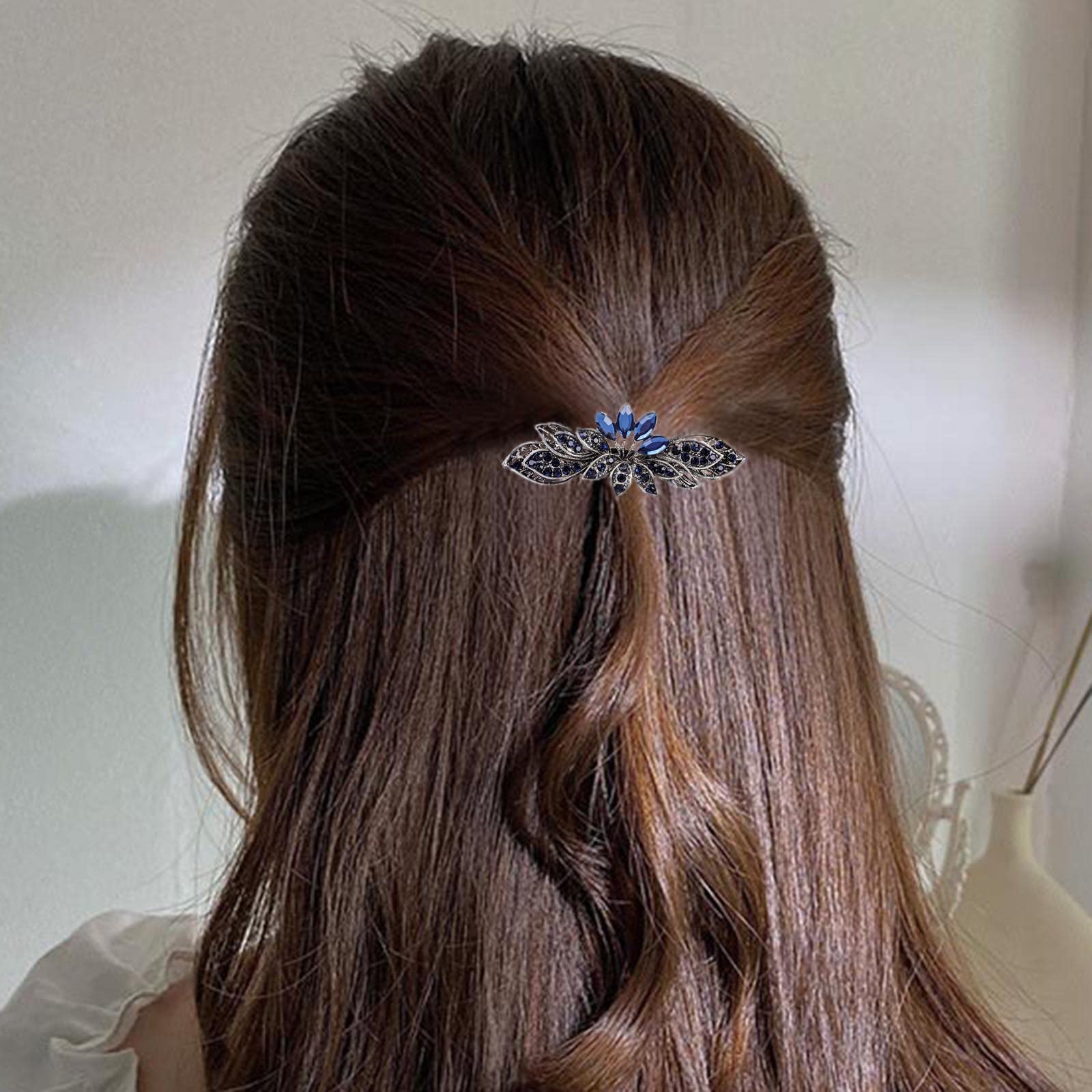 Aneneiceera Blue Crystal Wedding Hair Clip Barrette Molan Rhinestone Black Hair Barrette Clips Bling Bridal Headpieces Head Clip Headwear Crystal Bride Hair Accessories for Women and Girls (Lotus)
