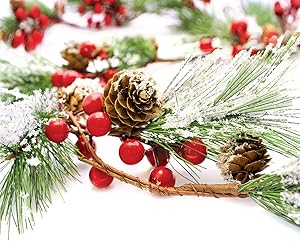 Christmas Garland Winter Red Berries Holiday Decoration Pine Cones, Evergreen Pine Needle – Unlit Berry Garlands Xmas Decor, Kitchen, Bar, Fireplace/Indoor/Outdoor Greenery with Snow 6 Ft Long (6ft)