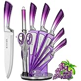 Purple Professional 9-Piece Kitchen Knife Set with Acrylic Block - Non Stick Sharp Stainless Steel Chef Knives with Sharpener