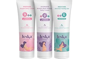 Leska Complete Maternity Set | PREPARE Belly Lotion, HYDRATE Defense Cream, RESTORE Toning Gel | All Maternity Stages Skin Care System for Pregnancy & Postpartum | New Mom Gifts (Set of 3, 4oz each)