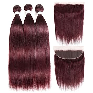 Amazon Com 99j Burgundy Red Color Human Bundle Hair With Frontal