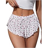 MAKEMECHIC Women's Pajama Bottoms Floral Print Plaid Tie Front PJ Shorts Slit Hem Cherry Summer Lounge Shorts