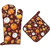 Arquiel Fall Pumpkin Leaves Oven Mitts and Pot Holders Sets 2Pcs, 100% Cotton Heat Resistant, Extra Long Oven Gloves Potholder for Thanksgiving Kitchen Cooking Baking Decoration