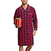 SWOMOG Men's Nightshirt 100% Cotton Long Sleeve Sleep Shirt Button Down Nightgown Soft Sleepwear Comfy Nightwear S-XXXL