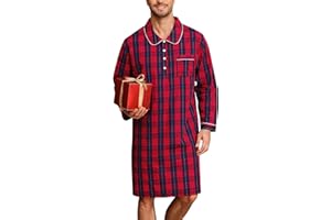 SWOMOG Men's Nightshirt 100% Cotton Long Sleeve Sleep Shirt Button Down Nightgown Soft Sleepwear Comfy Nightwear S-XXXL