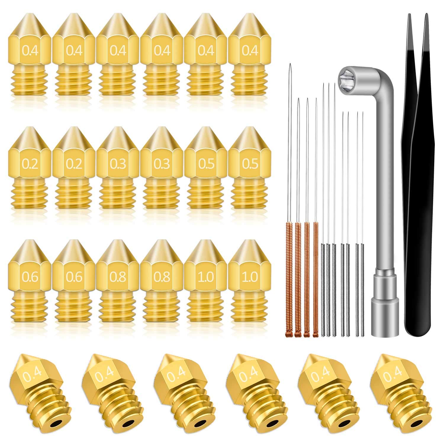 Hakkin 37Pcs 3D Printer Nozzles Brass MK8 Extruder Nozzles 0.2mm, 0.3mm, 0.4mm, 0.5mm, 0.6mm, 0.8mm, 1.0mm Extruder Print Head for Makerbot Creality CR-10 Ender 3 5 with Nozzle Cleaning Tool