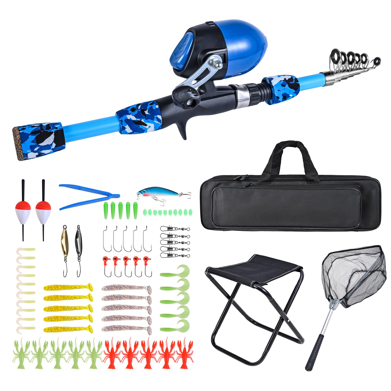 doorslay 180cm/5.9ft Kids Fishing Rod and Reel Combo Set Portable Telescopic Kids Fishing Poles with Collapsible Chair, Rod Holder, Tackle Box, Bait Net, Carry Bag for Boys Girls and Youth