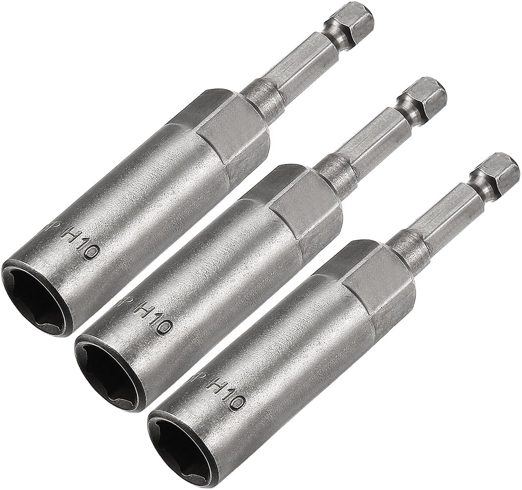 Sourcingmap 3 Pcs 1/4" Quick-Change Hex Shank 10mm Nut Setter Driver Drill Bit, 80mm Length, Metric No-Magnetic