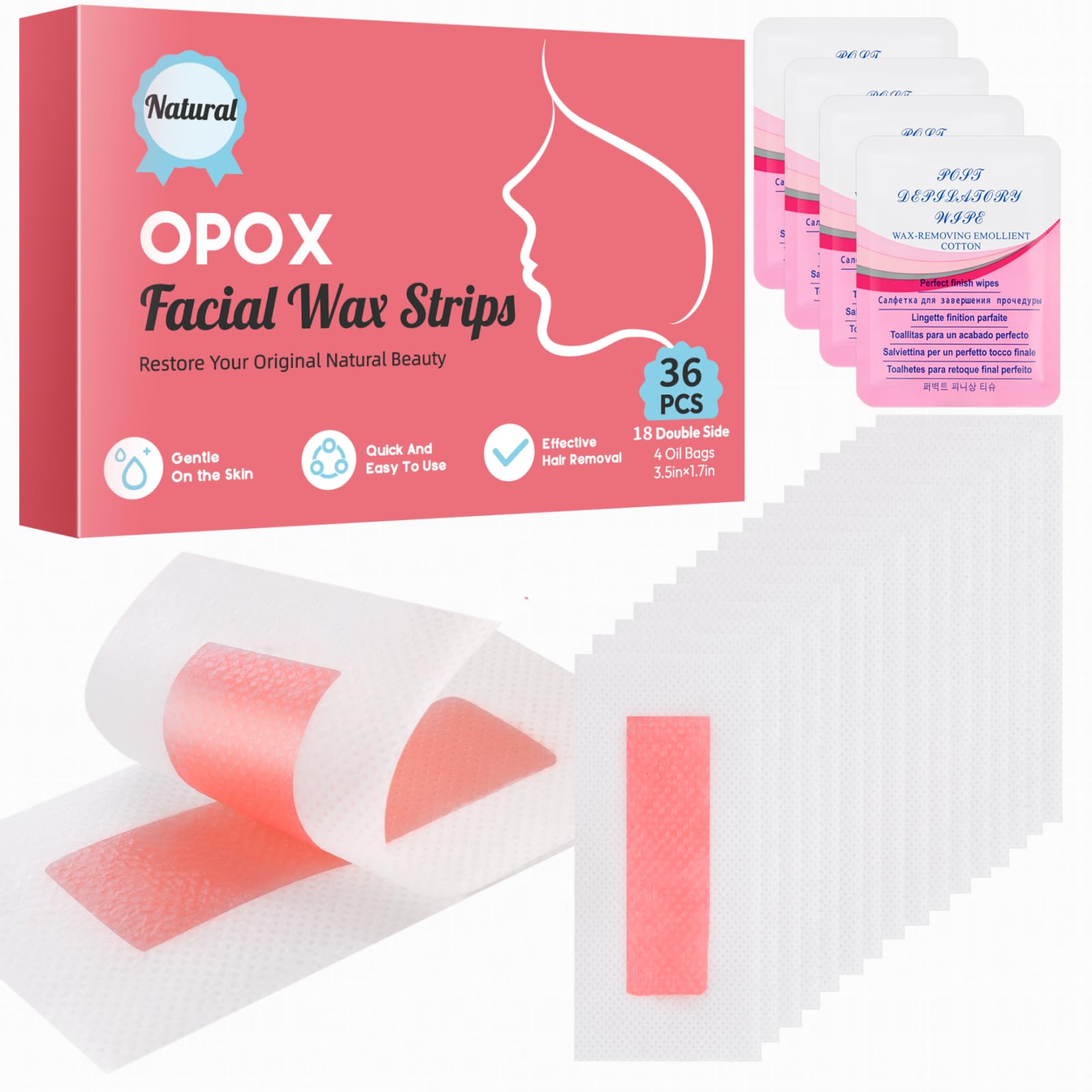 Photo 1 of ***MISSING MORE THAN HALF*** OPOX 36PCS Facial Wax Strips for Hair Removal, Facial Hair Removal for Women, Waxing Kit for Women's Face, Bikini, Chest, Body, Arms, Legs, Back, & Brazilian | 36ct Waxing Strips & 4 calming Oil Wipes