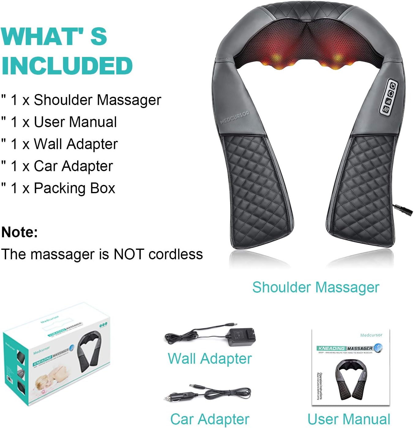 Medcursor Neck Shoulder Massager with Heat, Electric Shiatsu Back Massage Device, Portable Deep Tissue 3D Kneading Pillow for Muscle Pain Relief, Home, Office, Car Use - Ideal Gifts: Health & Personal Care