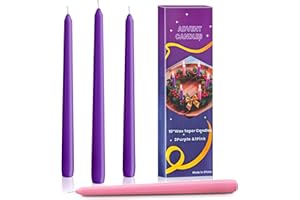 CANDLESEE Advent Taper Candles Set of 4-10 Inch Christmas Unscented Smokeless Dripless Taper Candles - 3 Purples Candles & 1 Pink Candle