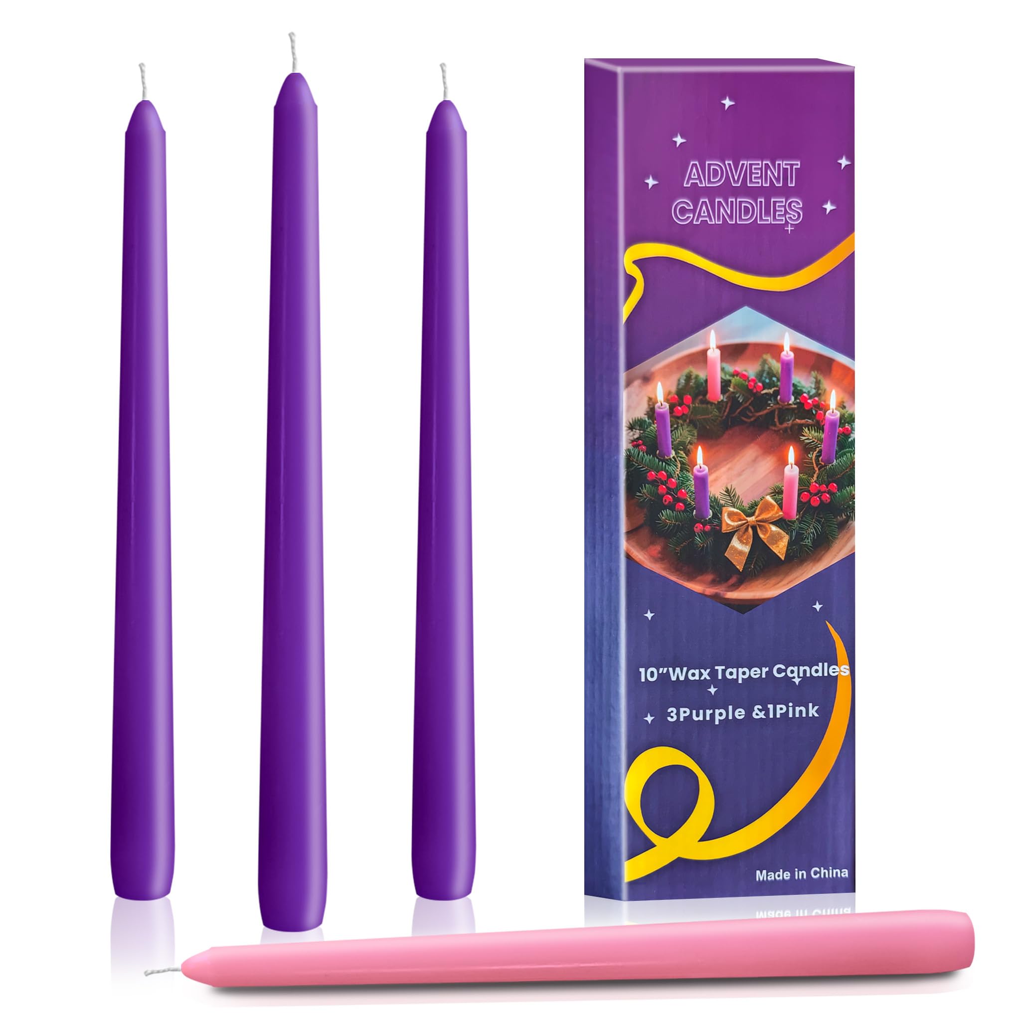 Photo 1 of Advent Taper Candles Set of 4-10 Inch Christmas Unscented Smokeless Dripless Taper Candles - 3 Purples Candles & 1 Pink Candle