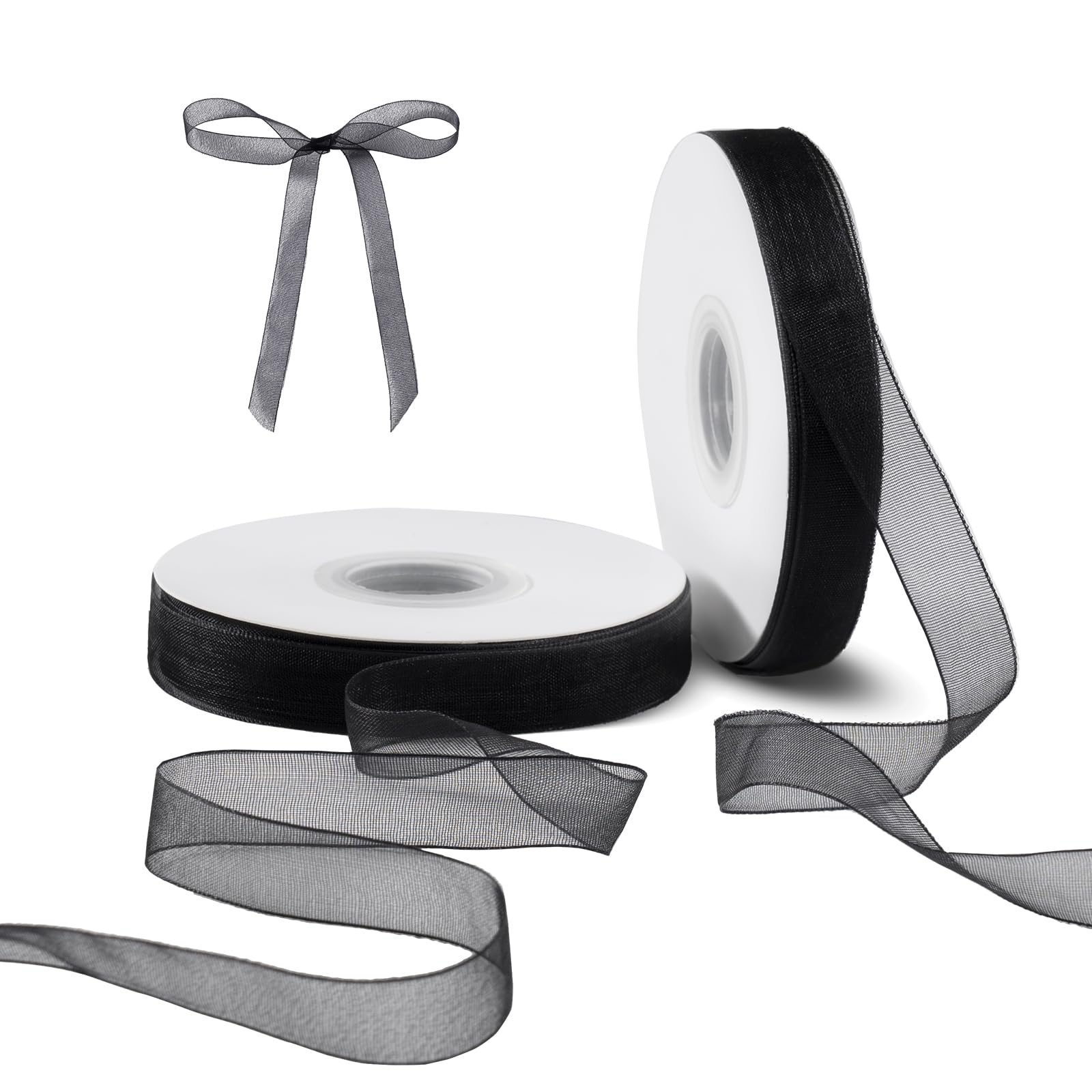 FAKILO Black Organza Ribbon for Gift Wrapping, FAKILO 1/2 Inch Sheer Wrapping Ribbon for Bouquet, Wedding- 50 Yards Each Roll
