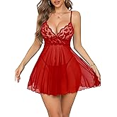 Rigeri Sexy Lingerie For Women V Neck See Through Lingerie Dress Lace Comfy Sleepwear Sexy Nightgown with Thong S-XXL