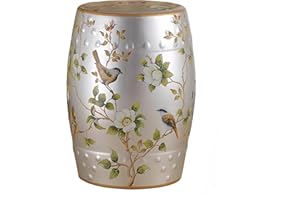HYFANIYH Ceramic Drum Garden Stool, Bird and Flower, Classic, Cottage, French Country,Bathroom, Garden Room, Patio (Silver)