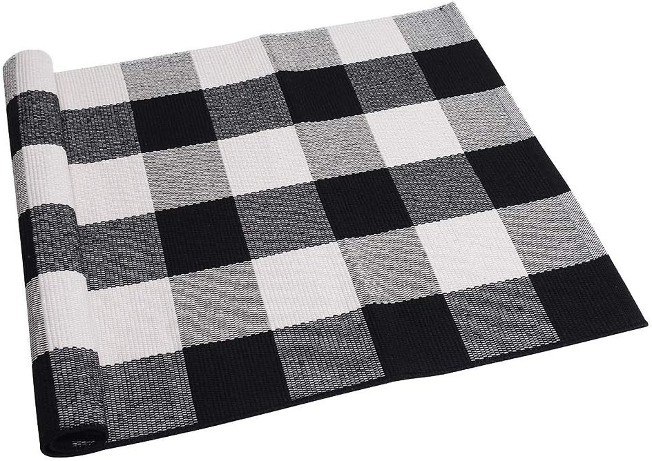 SEEKSEE 100% Cotton Plaid Rugs Black/White Checkered Plaid Rug Hand-Woven Buffalo Checkered Doormat Washable Porch Kitchen Area Rugs (23.5"×35.4"): Kitchen & Dining