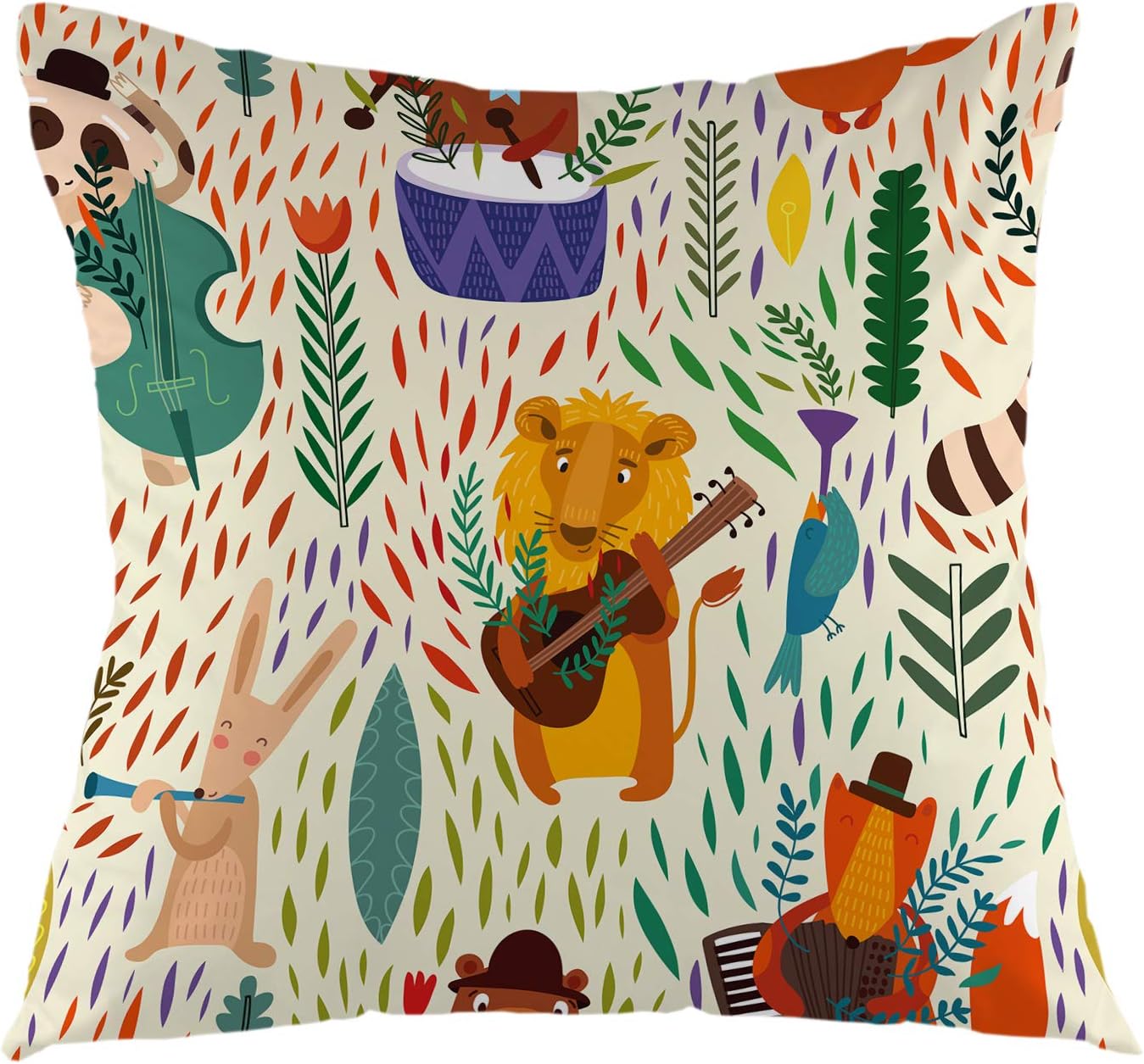 oFloral Animal Decorative Throw Pillow Cover,Lion Bear Hare Rabbit and Fox Playing Music Pillow Case Square Cushion Cover for Sofa Couch Home Car Bedroom Living Room Decor 18" x 18" Colorful