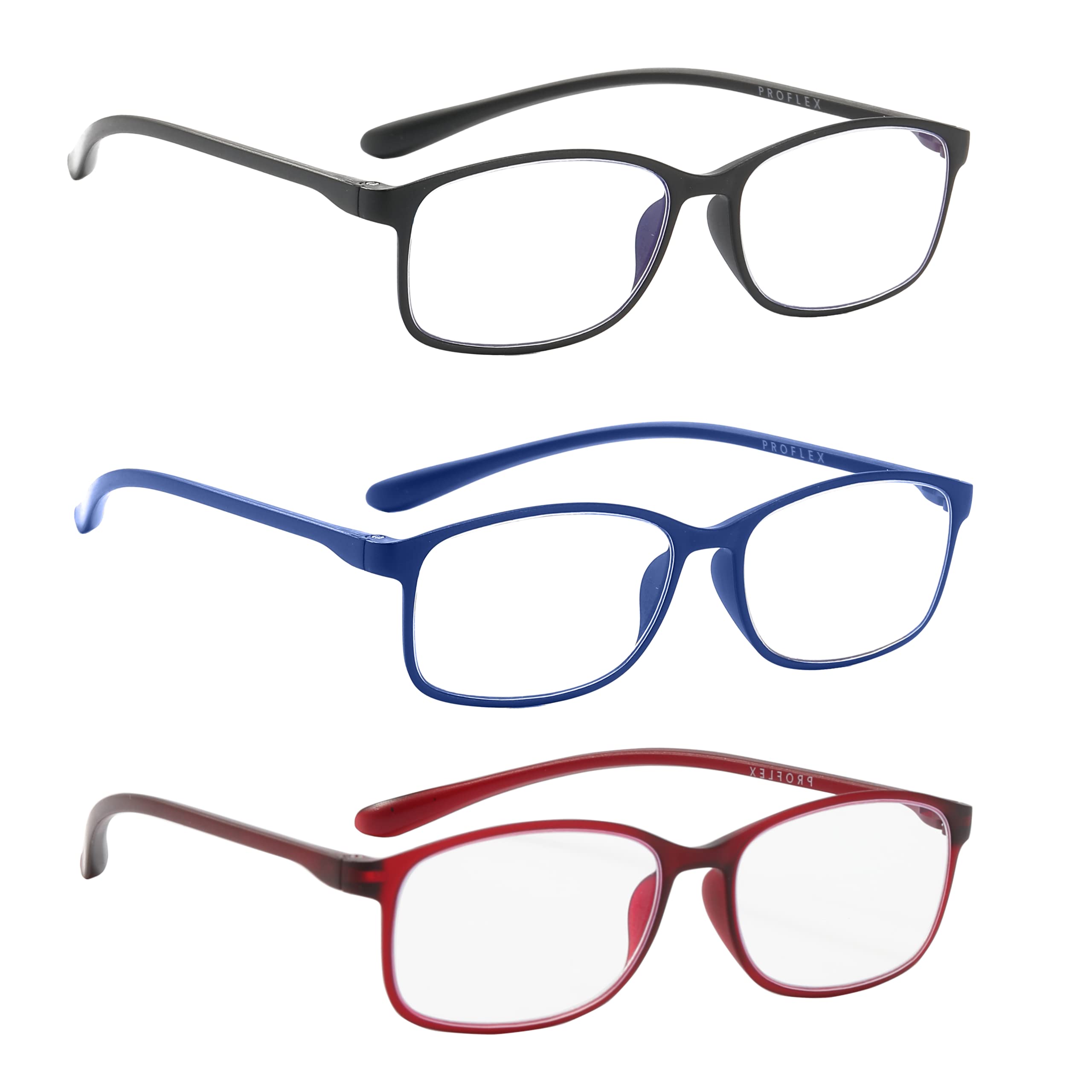 PROFLEX BluOptix Blue Light Blocking (3 Pack) lightweight, flexible, scratch resistant, unisex (mens + womens), computer screen technology reading glasses (black, blue & red +4.0)