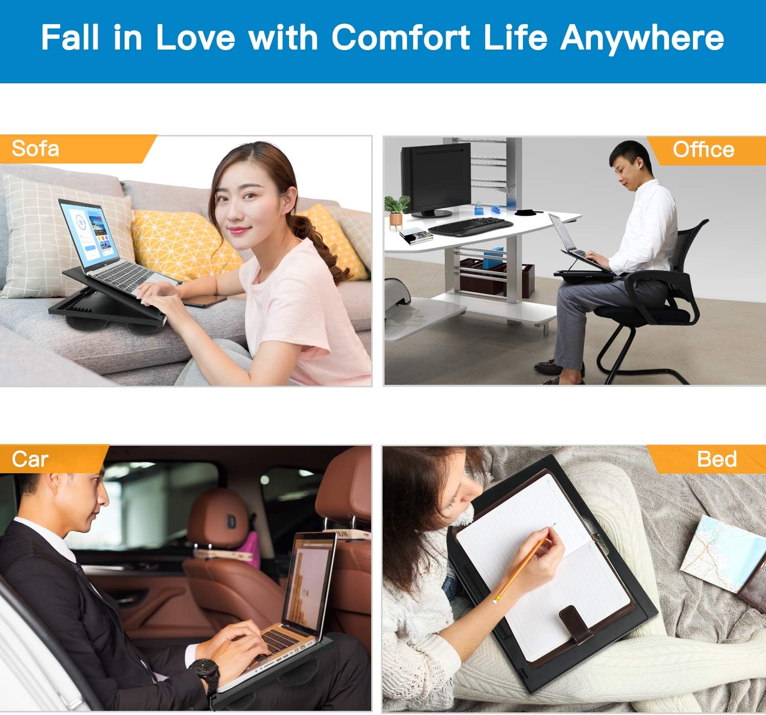Adjustable Lap Desk - with 8 Adjustable Angles & Dual Cushions Laptop Stand for Car Laptop Desk, Work Table, Lap Writing Board & Drawing Desk on Sofa or Bed by HUANUO : Office Products